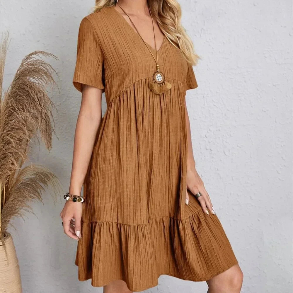 Women  Peplum Dresses Spring V-Neck Short Sleeve Loose Waist Ruffle Fit Flare Vocation Dresses