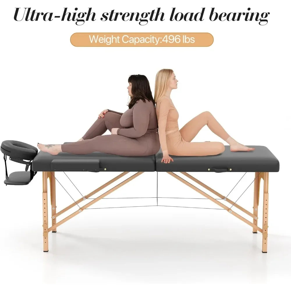 Massage Table, Portable 2 Section Foldable Tattoo Beds, Height Adjustable Light Weight Facial Salon Bed w/Face Cradle&Wood Frame