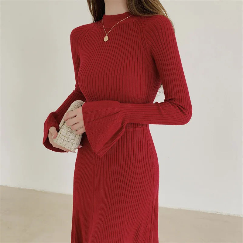 Elegant V-Neck Knitted Dress Slimming Long Skirt High Waist Bell Sleeve Unique Design Autumn Winter Women's Fashion Dress