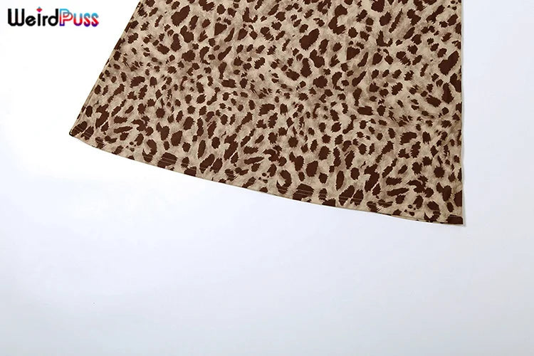 Weird Puss Leopard Print Dress Woman Summer Sexy Swing Collar Spaghetti Straps Backless Ruffles Party Clubwear Skinny