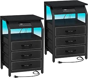 End Tables Set of 2, Nightstands with Charging Station and LED Lights, 3 Drawers Fabric Dressers, Storage Side Tables for Bedsid