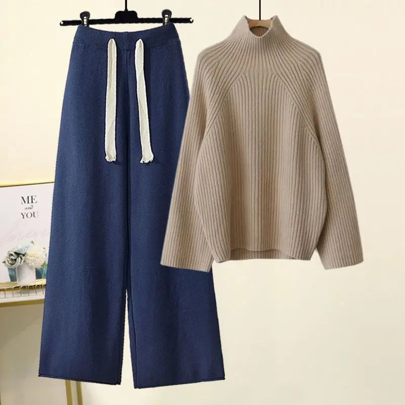 Plus Size Autumn Winter Women's Set New Lazy Style Sweater And Slimming Casual Pants Two Piece Set Trendy Elastic Knitted Fabric