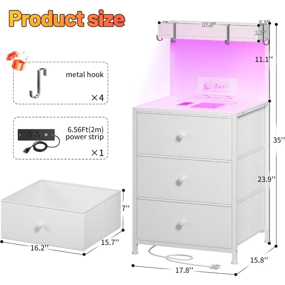 Tall Nightstand Set of 2 with Charging Station and Led Lights Nightstand with 3 Drawers and Shelves Bedside Table with Ports an