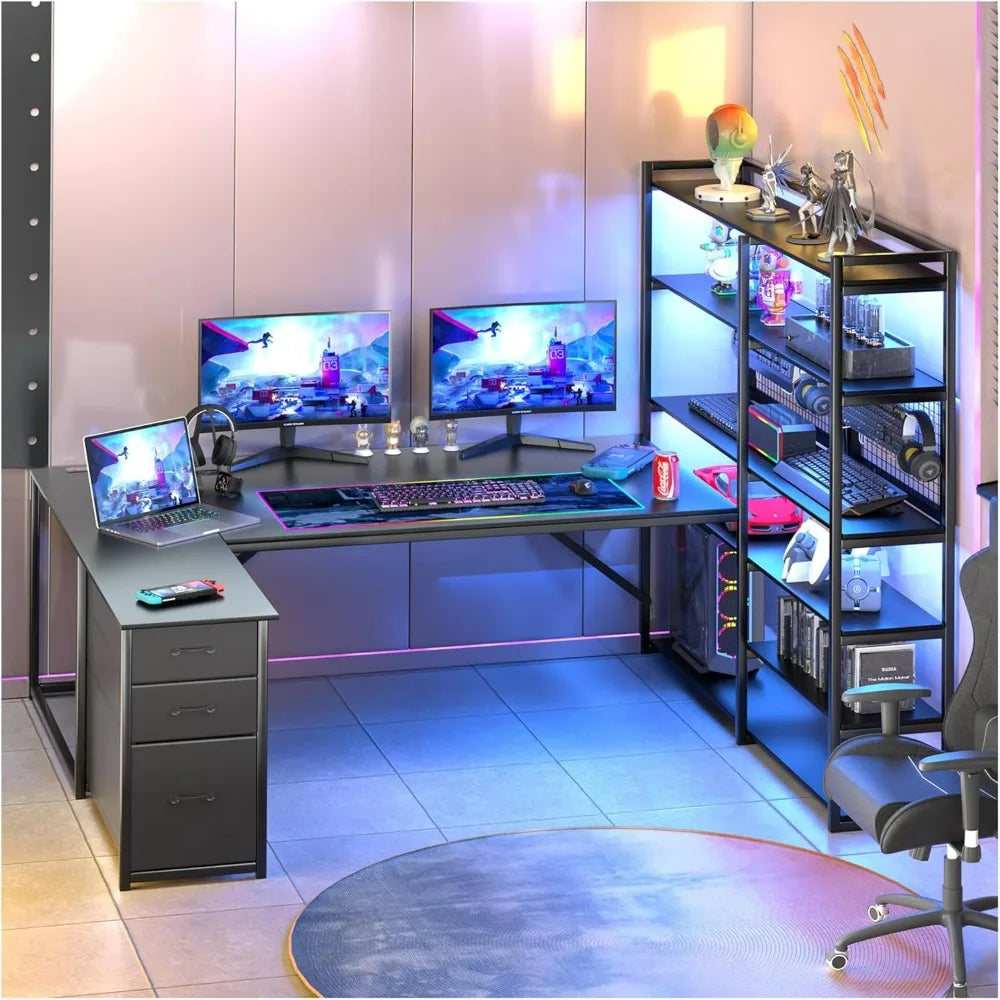 L Shaped Desk with Drawers,64.5" U Shaped Corner Computer Desk with Shelves,Storage,Large Gaming Desk with LED Lights,File Cabin