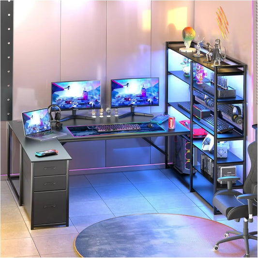 L Shaped Desk with Drawers,64.5" U Shaped Corner Computer Desk with Shelves,Storage,Large Gaming Desk with LED Lights,File Cabin