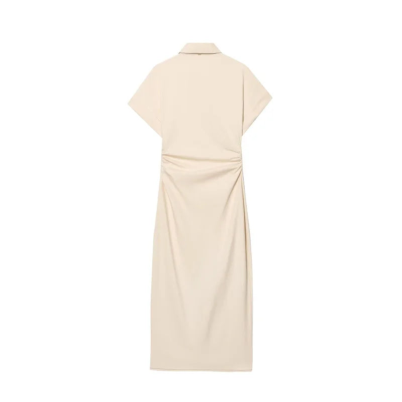 denim MIDI dress with lapel side zipper fashion wrinkle waist slim elegant dress