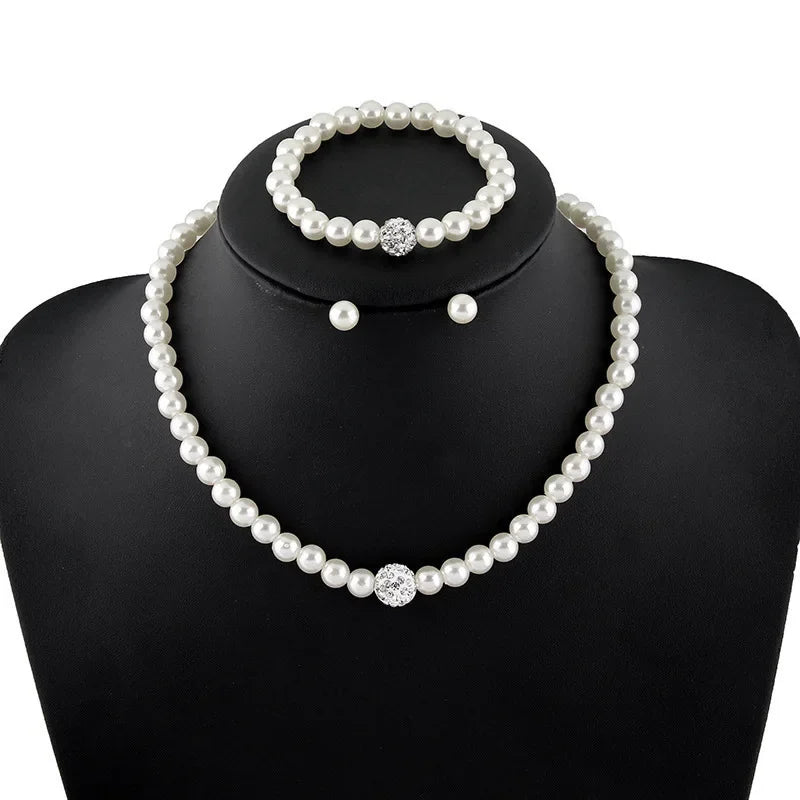 Set 3pcs Classic Trendy Pearl Crystal Necklace Bracelet Earring for Women Luxury Wedding Bride Set Jewelry Gifts