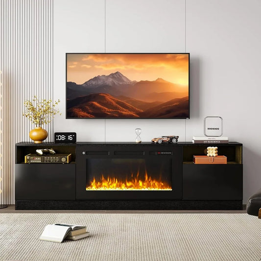 Fireplace TV Stand with Two Hinged Doors for TVs UP to 80", Modern Electric Fireplace Entertainment Center with LED Lights & Sto