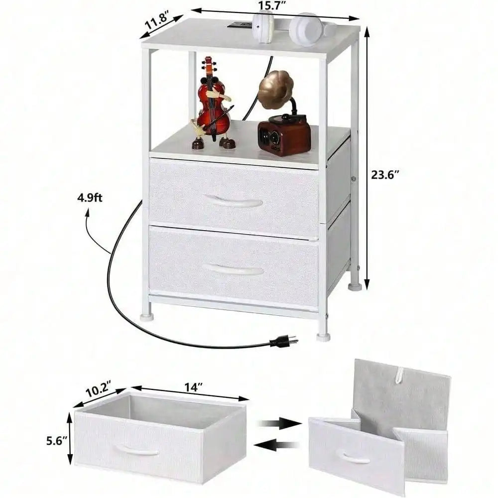 Bedroom Nightstand Set of 2 White End Table w/ Fabric Drawers & Charging Station