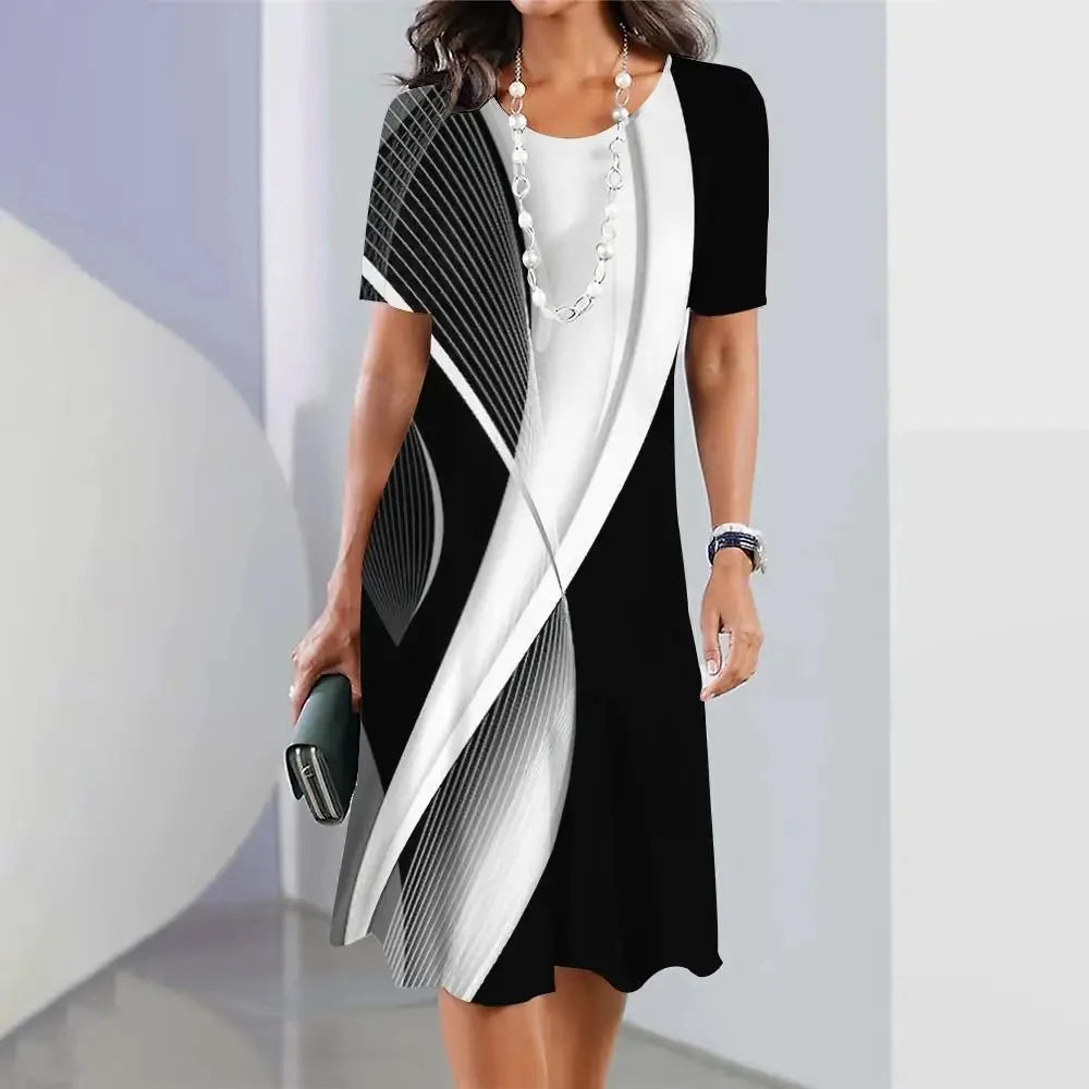 New Women's Dresses Striped Printed Elegant Casual O Neck Short Sleeve  Dresses Fashion Ladies Plus Size Clothing