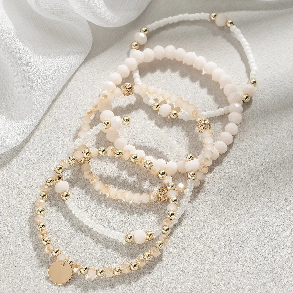 5Pcs Fashion Resin Beaded Bracelet Set For Women Round Piece Charm Elastic Bead Chain Bangle Wrist Strap Female Vacation Jewelry