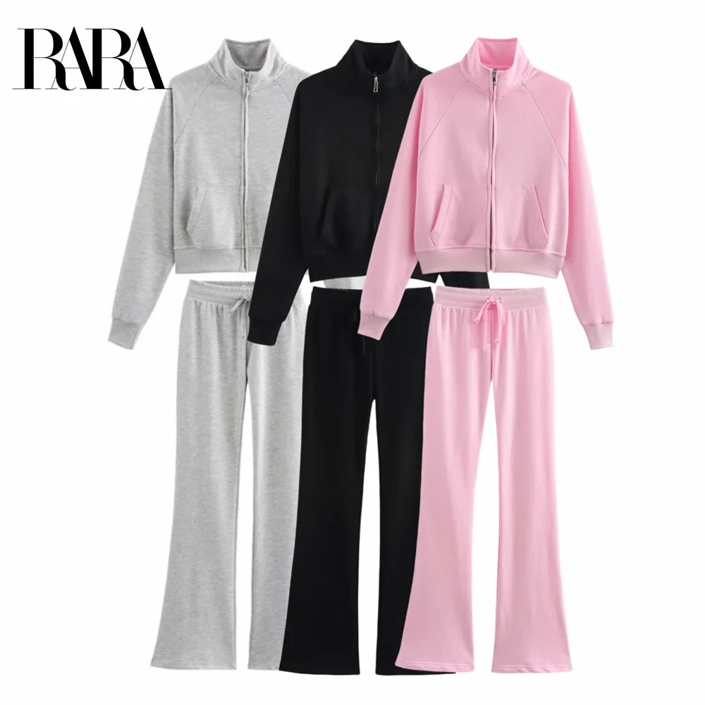 RARA Women's Zip Up Stand Collar Jacket and Drawstring Flared Pants Set Comfortable and Stylish for Everyday Activities