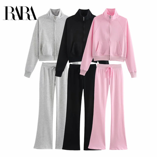 RARA Women's Zip Up Stand Collar Jacket and Drawstring Flared Pants Set Comfortable and Stylish for Everyday Activities