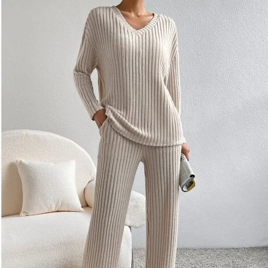 Solid Color Casual Loose Knitting Sets For Women Elegant Autumn Women's Two Pieces Suit Full Trouser Set Female Outfit Clothes