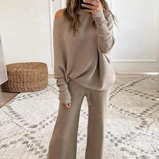 New Women's 2pcs Clothes Set Solid Color Round Neck Long Sleeve Casual Top & Loose Wide Leg Pants Home Wear