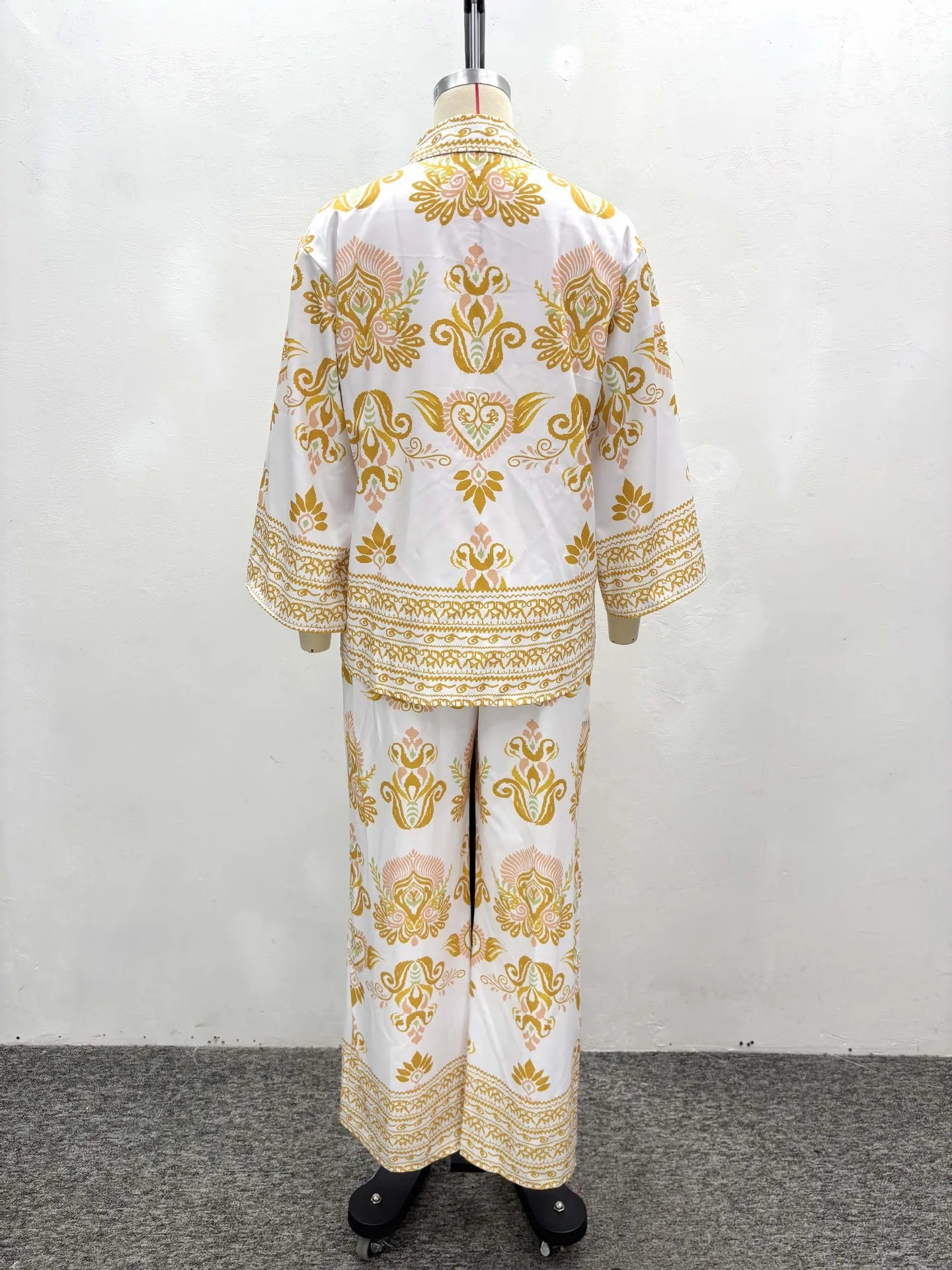 Women Two Pieces Pant Sets Printing Matching Sets Long Sleeves Button Turn Down Collar Top Elastic Waist Pants Loose 2025 Summer