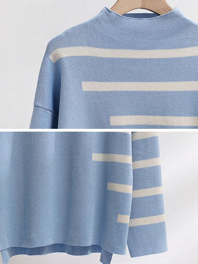 Loose Knitwear 2 Pieces Sets Women Striped Long Sleeve Knit Pullover Tops Conjuntos Korean High Waist Wide Leg Pants Tracksuit