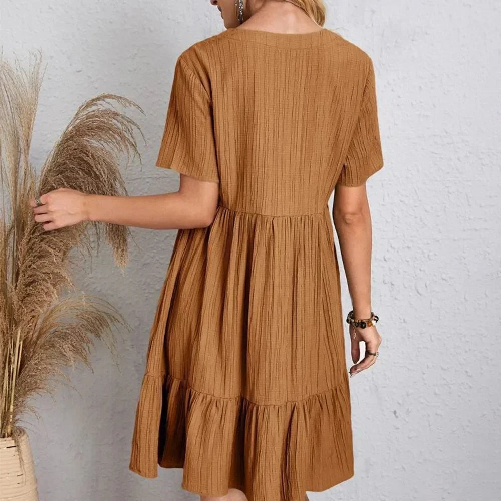 Women  Peplum Dresses Spring V-Neck Short Sleeve Loose Waist Ruffle Fit Flare Vocation Dresses