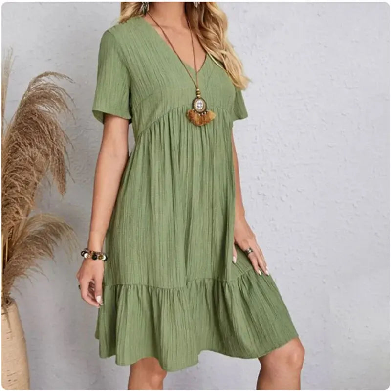 Women  Peplum Dresses Spring V-Neck Short Sleeve Loose Waist Ruffle Fit Flare Vocation Dresses