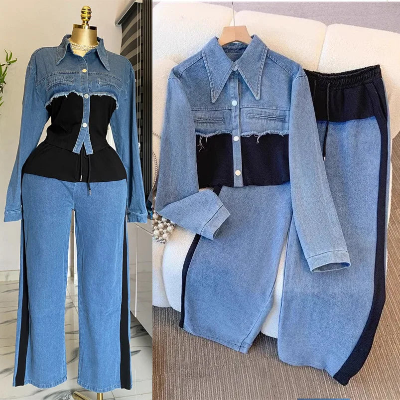 Two Piece Sets Women Pant Set Denim Splice Matching