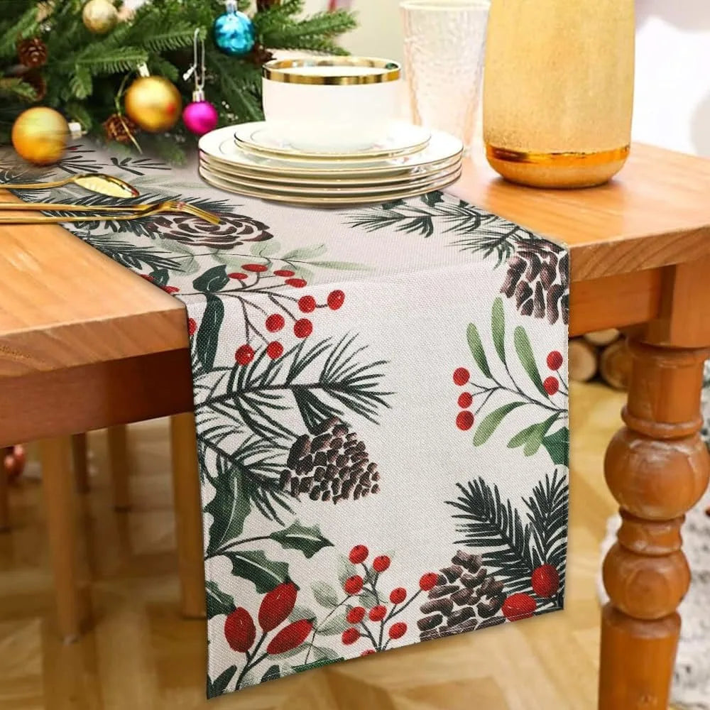 Christmas Dinner table flag: Festive Greenery and Berries for a Magical Feast! New Year home party decoration