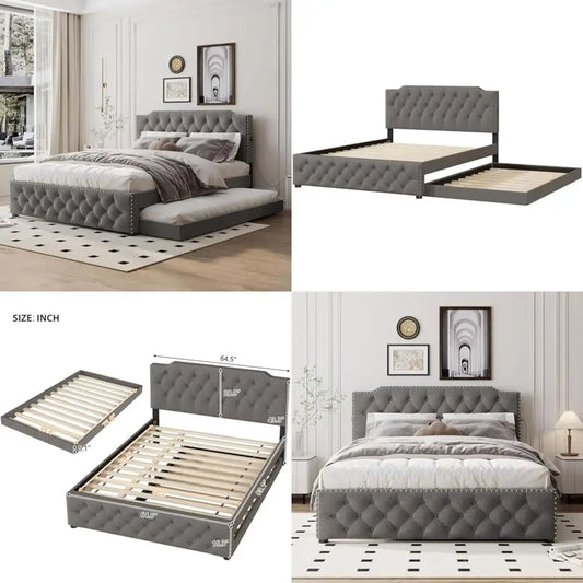 Queen Size Upholstered Platform Bed, Solid Wood Bedframe Linen Fabric with Twin Size Trundle and 2 Sets of USB Ports, Wooden Que