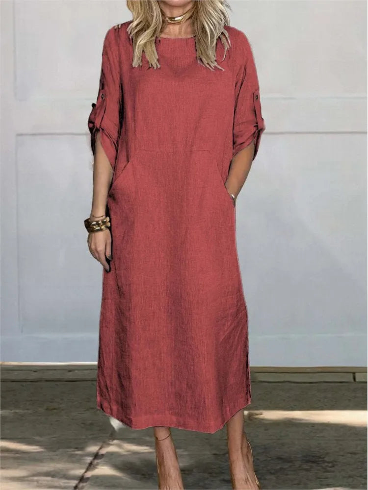 New Women's Clothing  Loose Casual Solid Color Short Sleeved Cotton Linen Fashionable Button With Pocket Dress