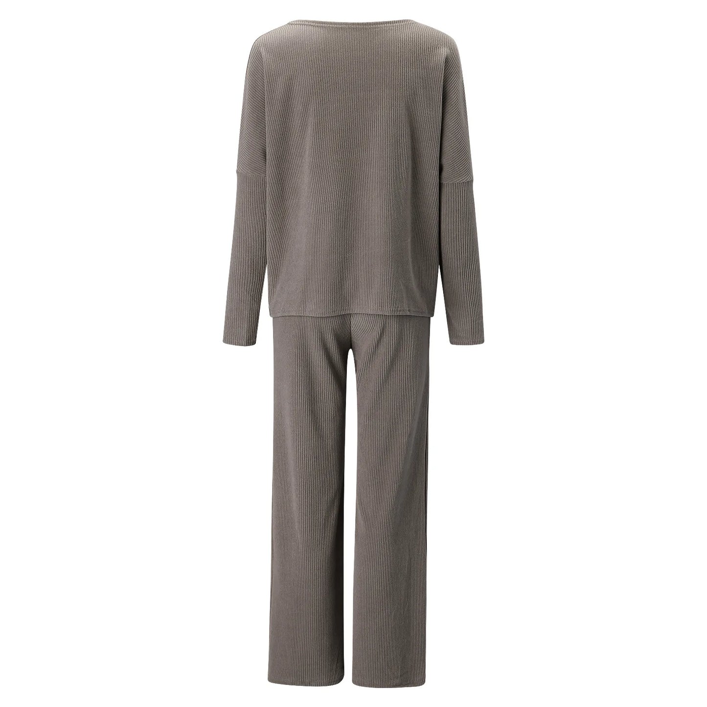 New Women's 2pcs Clothes Set Solid Color Round Neck Long Sleeve Casual Top & Loose Wide Leg Pants Home Wear