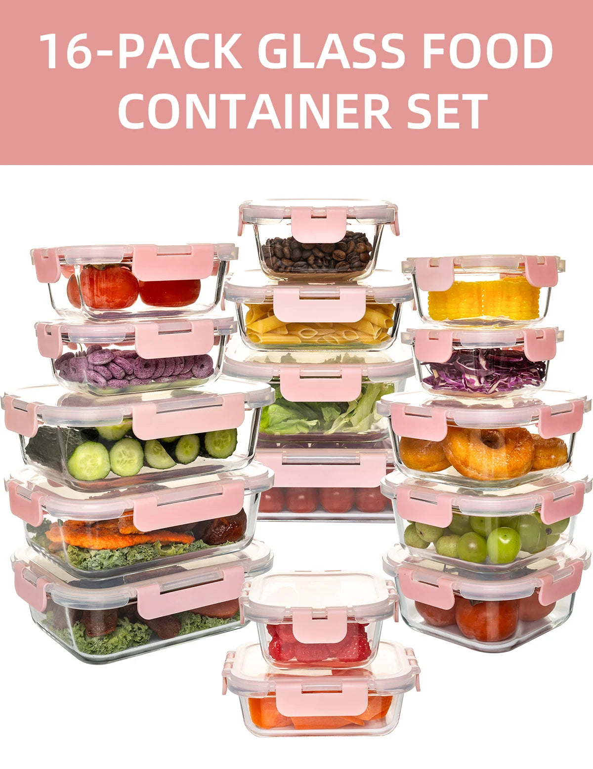 16-Piece Glass Food Storage Containers Set, Leakproof Airtight BPA-Free, Microwave & Oven Safe, Stackable Kitchen Organizers wit