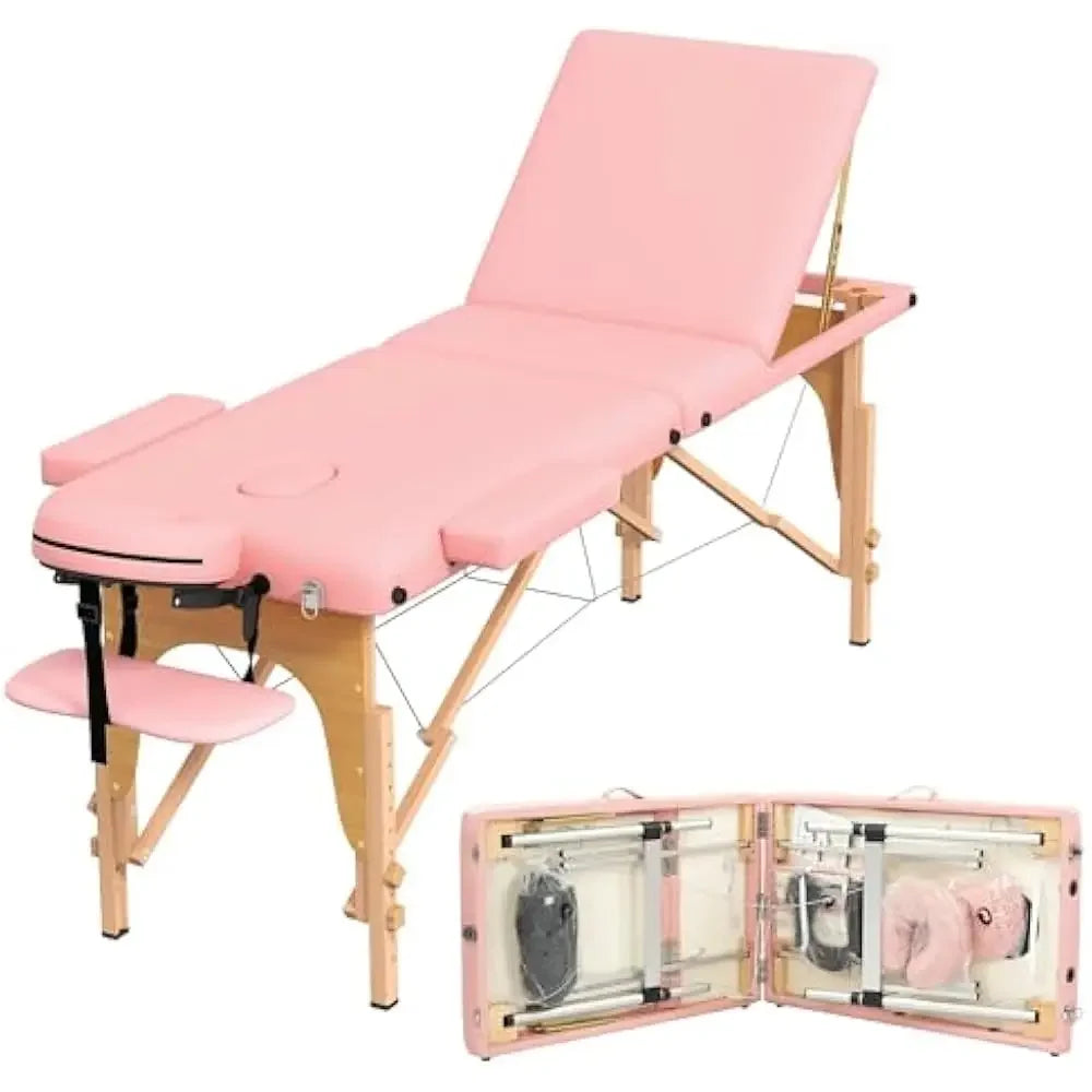 Massage Table, Portable 2 Section Foldable Tattoo Beds, Height Adjustable Light Weight Facial Salon Bed w/Face Cradle&Wood Frame