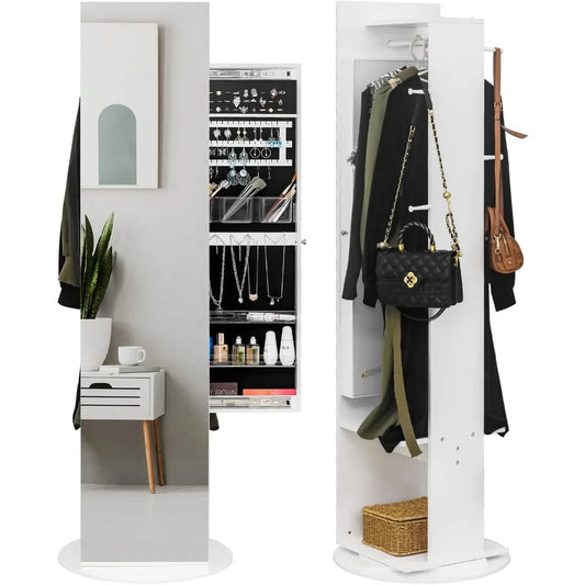 360° Swivel Jewelry Armoire with Full Length Mirror, Slide Jewelry Cabinet Rotating Freestanding Jewelry Organizer with Coat Ra