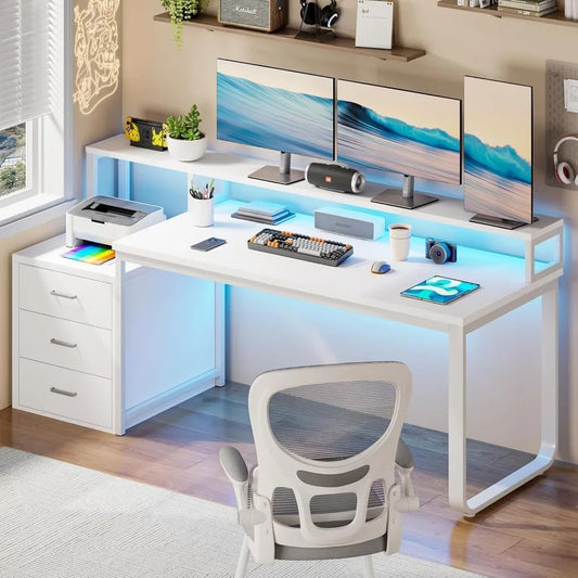 67" Computer Desk with 3 Drawers, Home Office Desk with Long Monitor Stand and Printer Space, Office Desk with Storage & LED Li