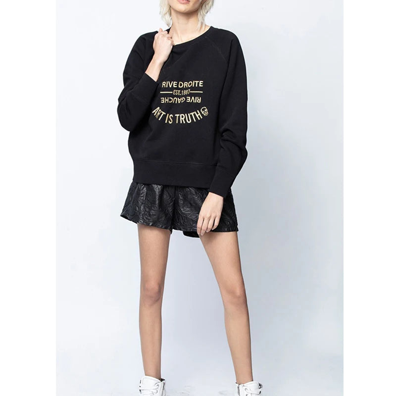 Early autumn new French niche ZV classic letter embroidery pink cotton women's embroidered pullover sweater sweatshirt