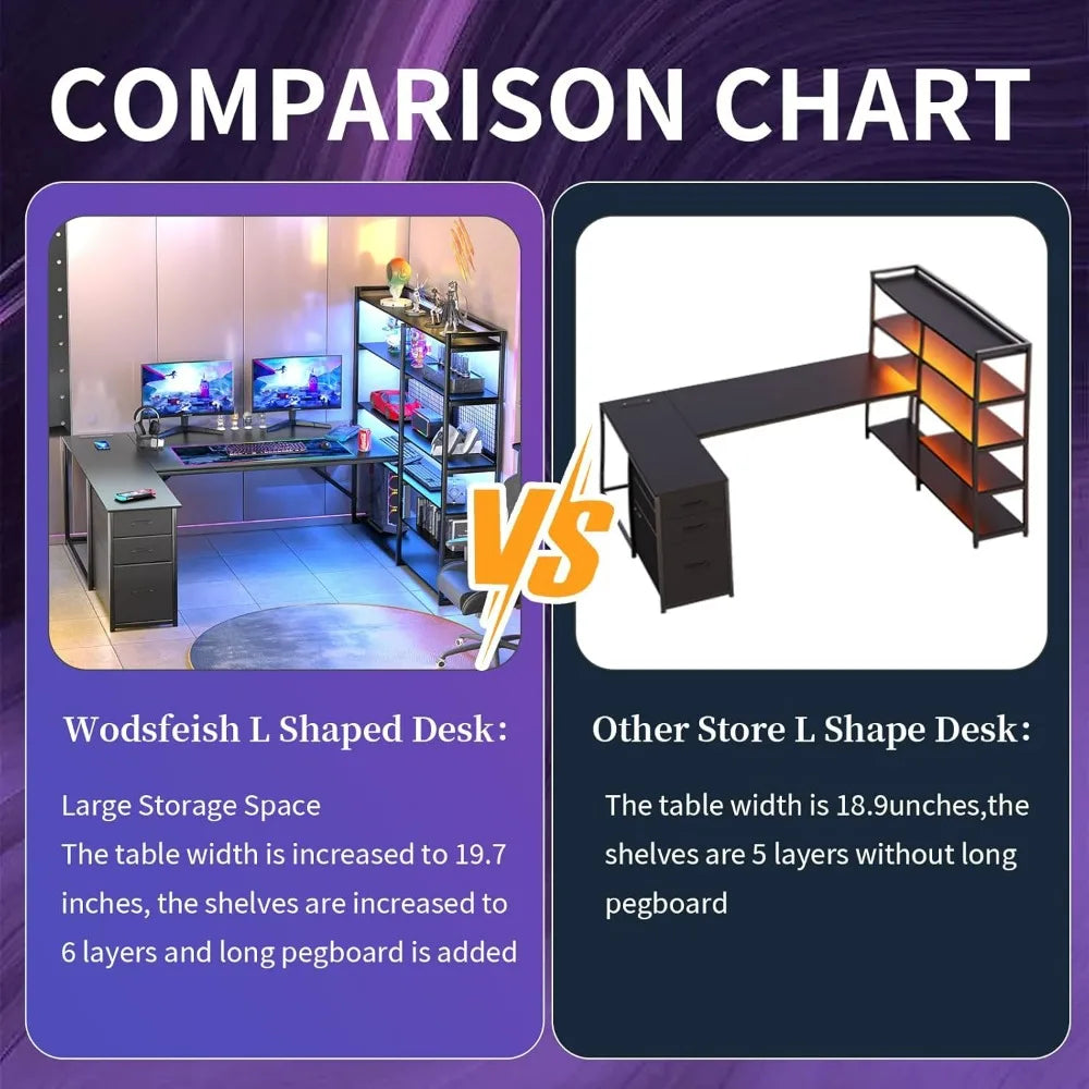 L Shaped Desk with Drawers,64.5" U Shaped Corner Computer Desk with Shelves,Storage,Large Gaming Desk with LED Lights,File Cabin