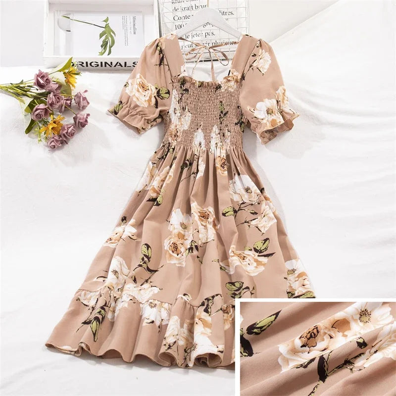Spring Summer Chiffon Dresses Fashion Female Elastic Waist Short Sleeve Pleated Casual Dress Women A-line Dresses