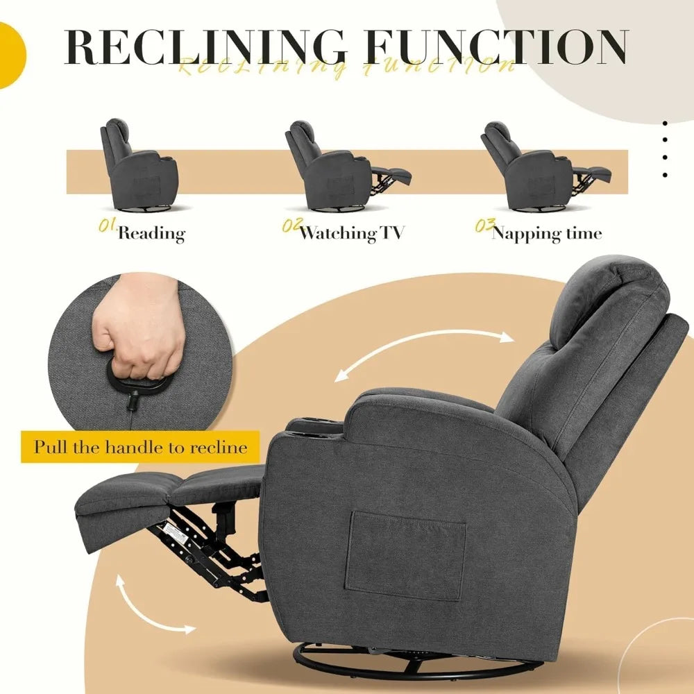 Recliner Chair, 360° Swivel Rocker Chair for Adults, Rocking Recliner Chair with Massage, Comfy Single Sofa with Side Pockets Cu