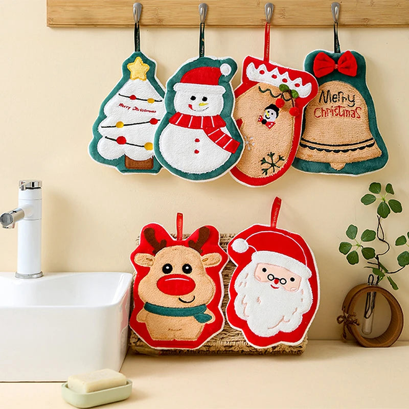 Christmas Hand Towel Cartoon Snowman Wipe Cloth Absorbent Kitchen Cleaning Rag Christmas Handkerchief Xmas Decor