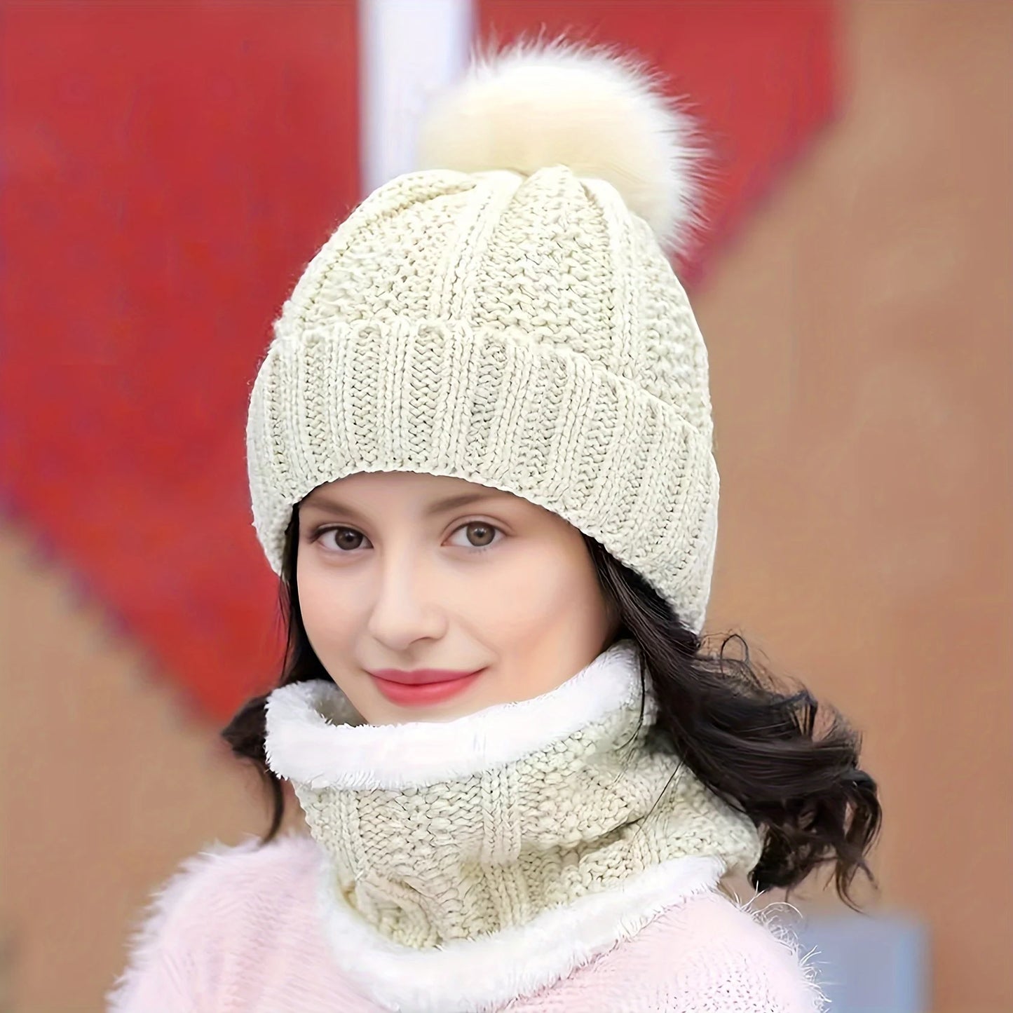 2-piece Winter Warm Windproof Thick Plush Windproof Warm Casual Hat with Scarf