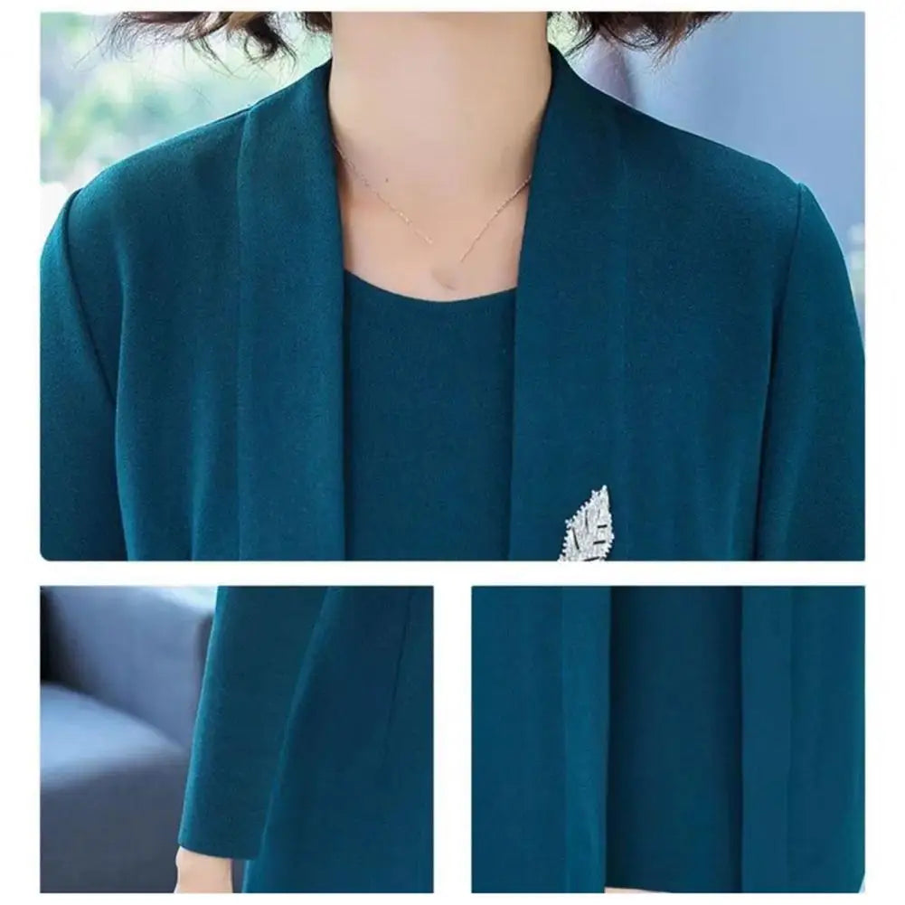 Women Dress Coat Suit Elegant Long Coat Dress Set Middle-age Women Formal Suit Set Long Cardigan O Neck Sleeveless Dress