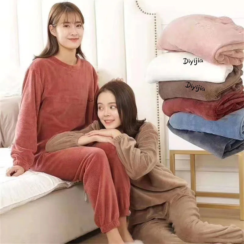 Warm Coral Fleece Pants Set Women's Loose Comfortable Home Wear Outerwear Versatile Lazy Girl Style Long Sleeve Cartoon Print
