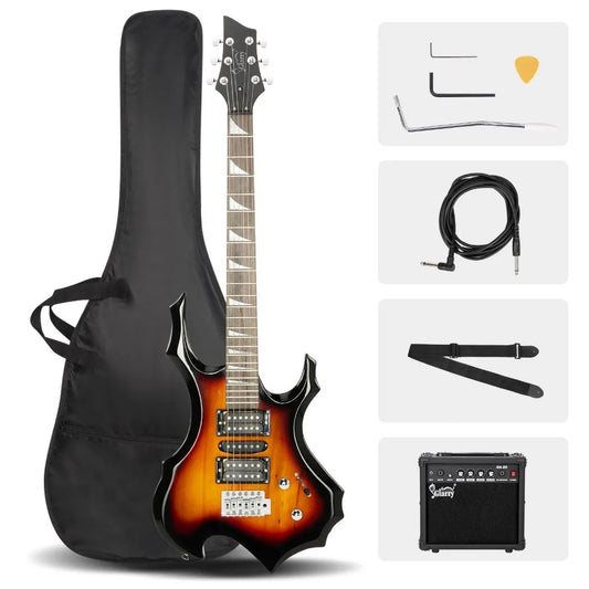 Flame Shaped Guitar Starter Kit 6 Strings, w/Guitar Bag 20W AMP Sunset