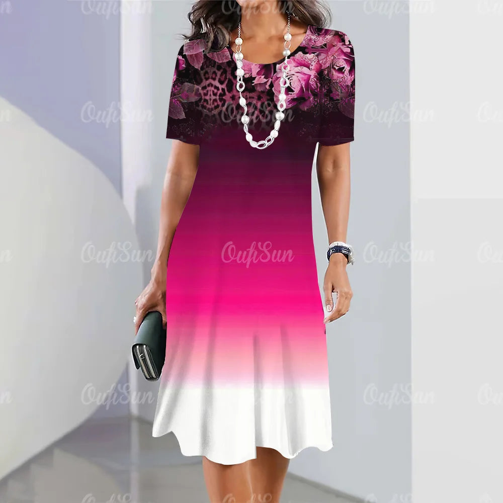 New Women's Dresses Striped Printed Elegant Casual O Neck Short Sleeve  Dresses Fashion Ladies Plus Size Clothing