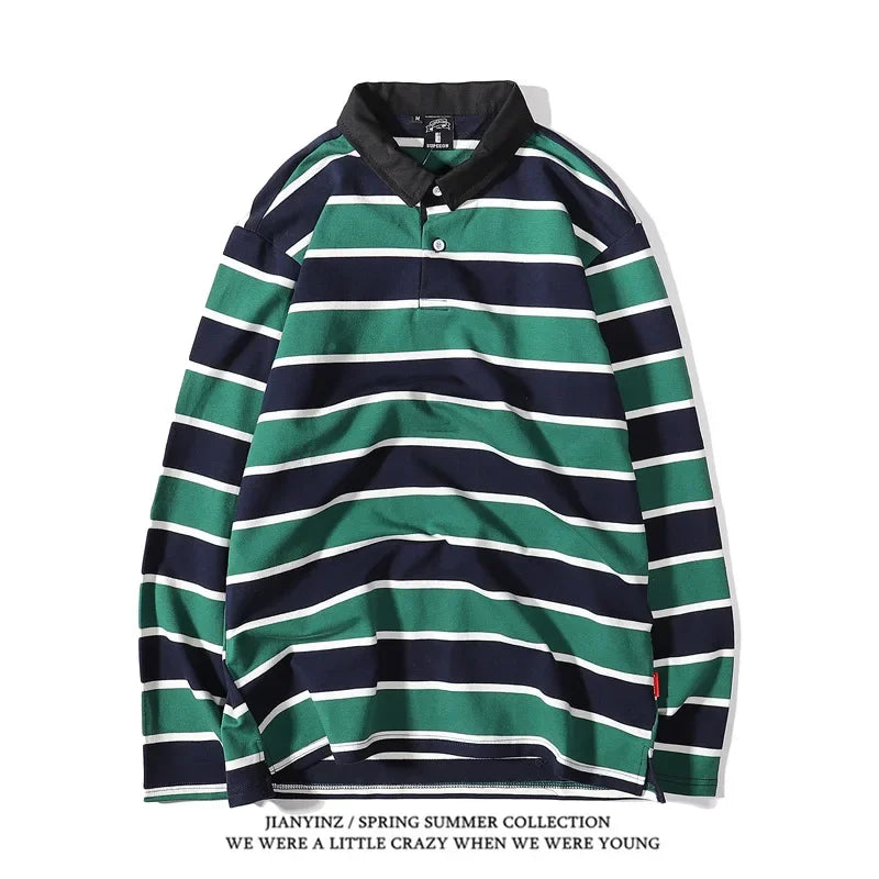 Minimally striped printed mens collar T-shirt autumn business casual long sleeved top comfortable breathable loose collarT-shirt