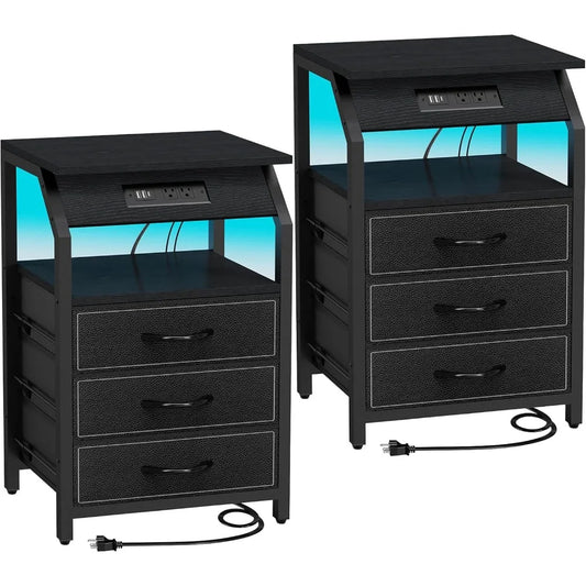 End Tables Set of 2, Nightstands with Charging Station and LED Lights, 3 Drawers Fabric Dressers, Storage Side Tables for Bedsid