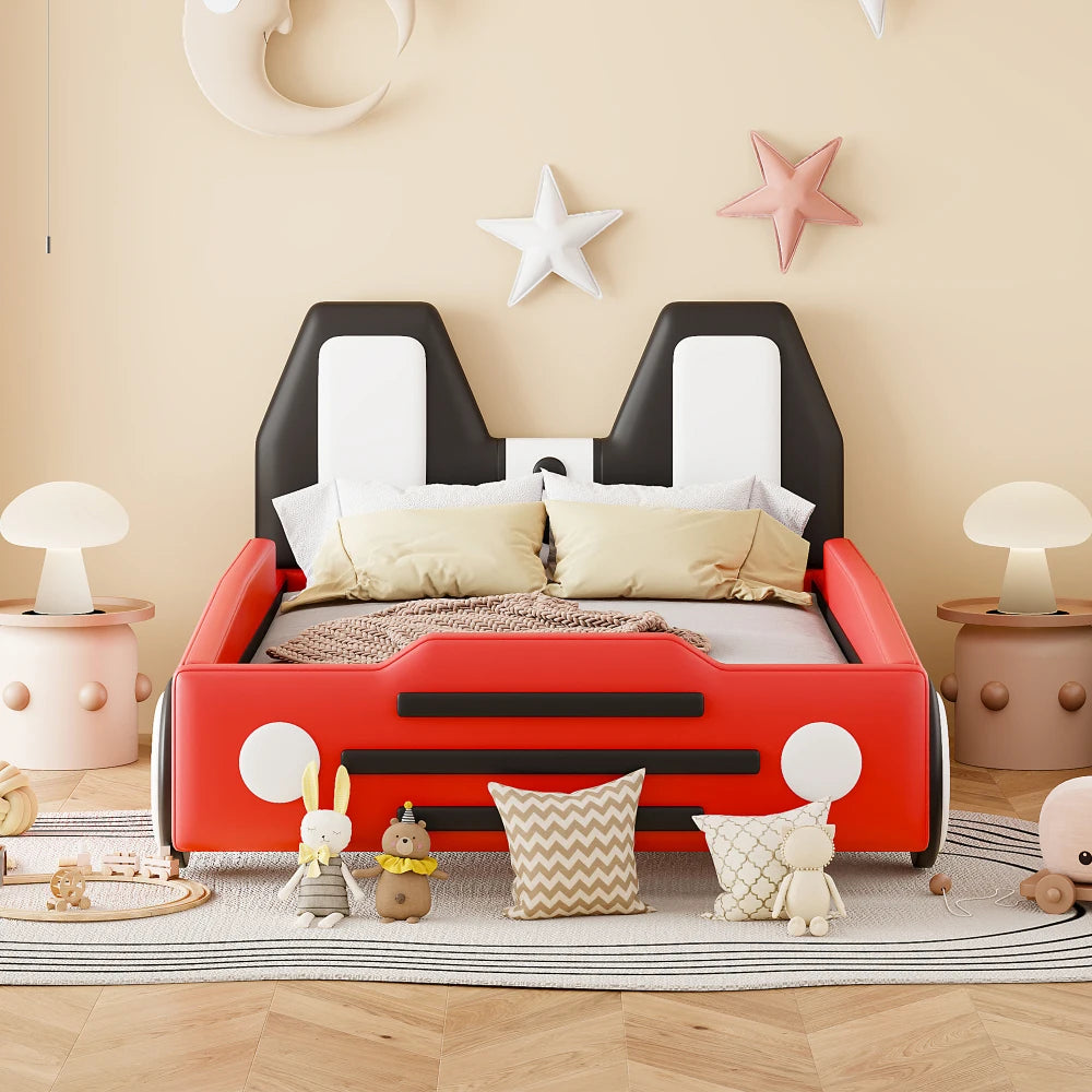 Twin Size Race Car Bed for Kids,PU Car-Shaped Bedframe with Wheels and Side Rails,Wood Slat Support,No Box Spring Needed,Red