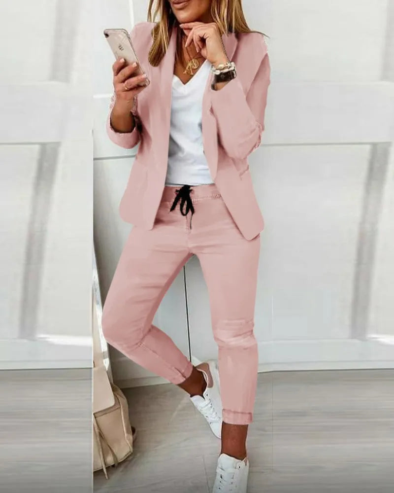 2024 New European and American Leisure Solid Color Commuting Fashion Leisure Set, Suit and Women's Wear Set