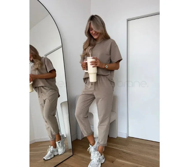 Casual Loose Sports Two Piece Set Women O-neck Short Sleeve Top Elastic Waist Lace Up Pants Sets Autumn Solid Fashion Outfit