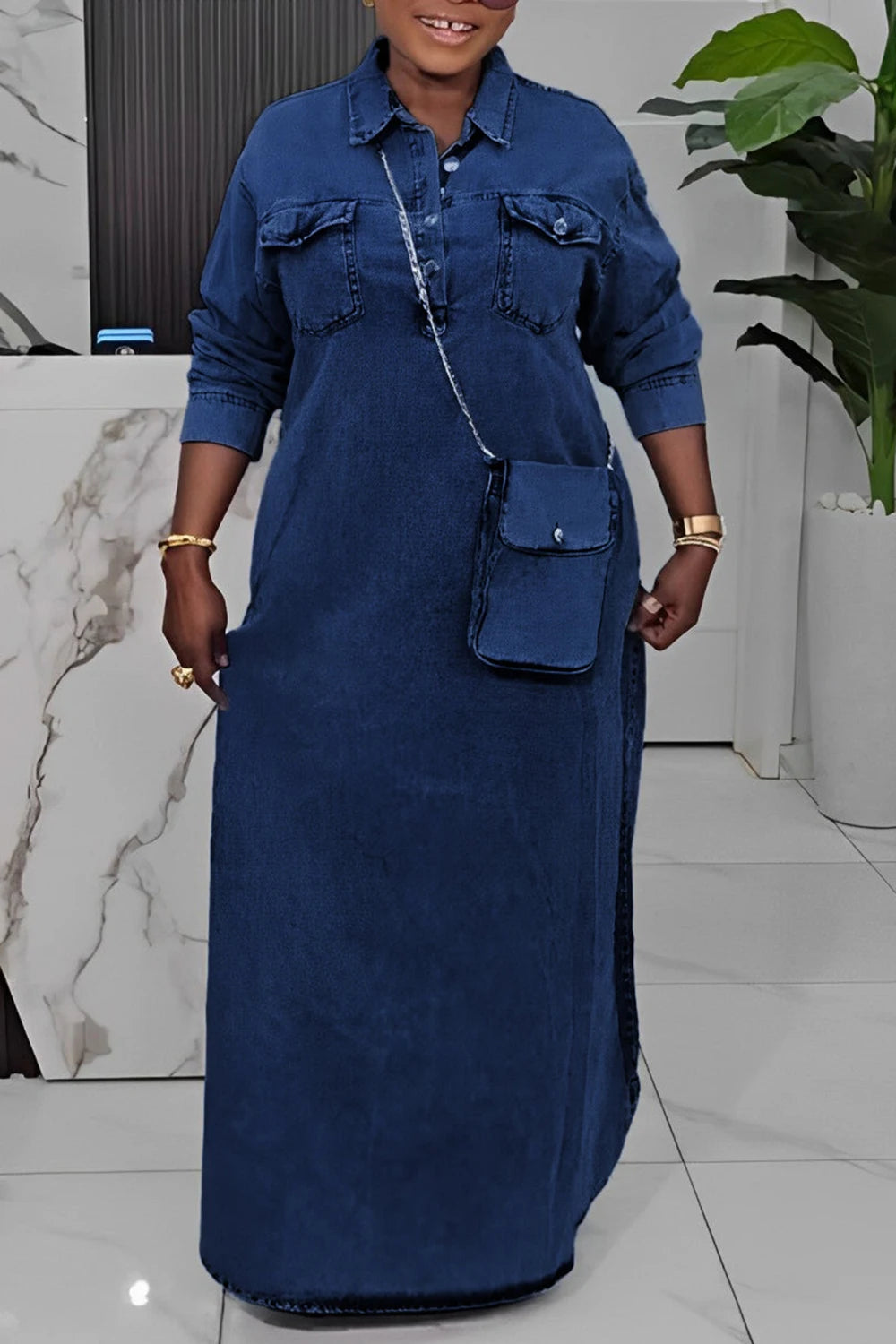 Plus Size Casual Light Blue Shirt Collar Long Sleeve Button Pocket Tencel Denim Maxi Dresses