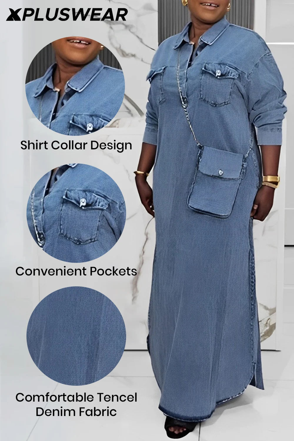 Plus Size Casual Light Blue Shirt Collar Long Sleeve Button Pocket Tencel Denim Maxi Dresses