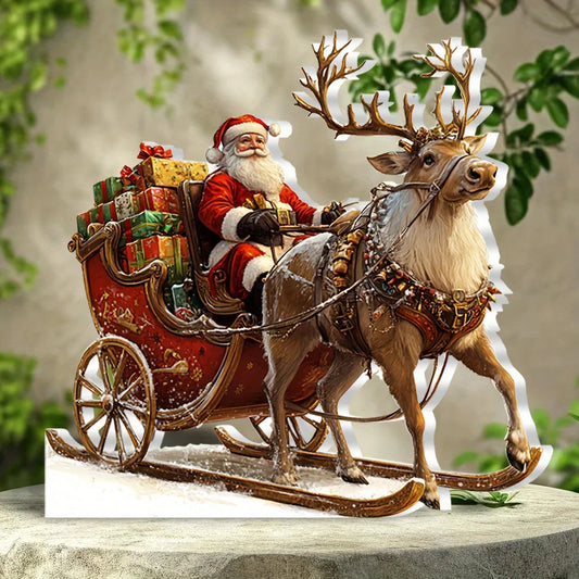 1pcs Christmas Reindeer Sleigh Santa Figurine 2D Acrylic Christmas Santa Claus on Sleigh Decoration Holiday